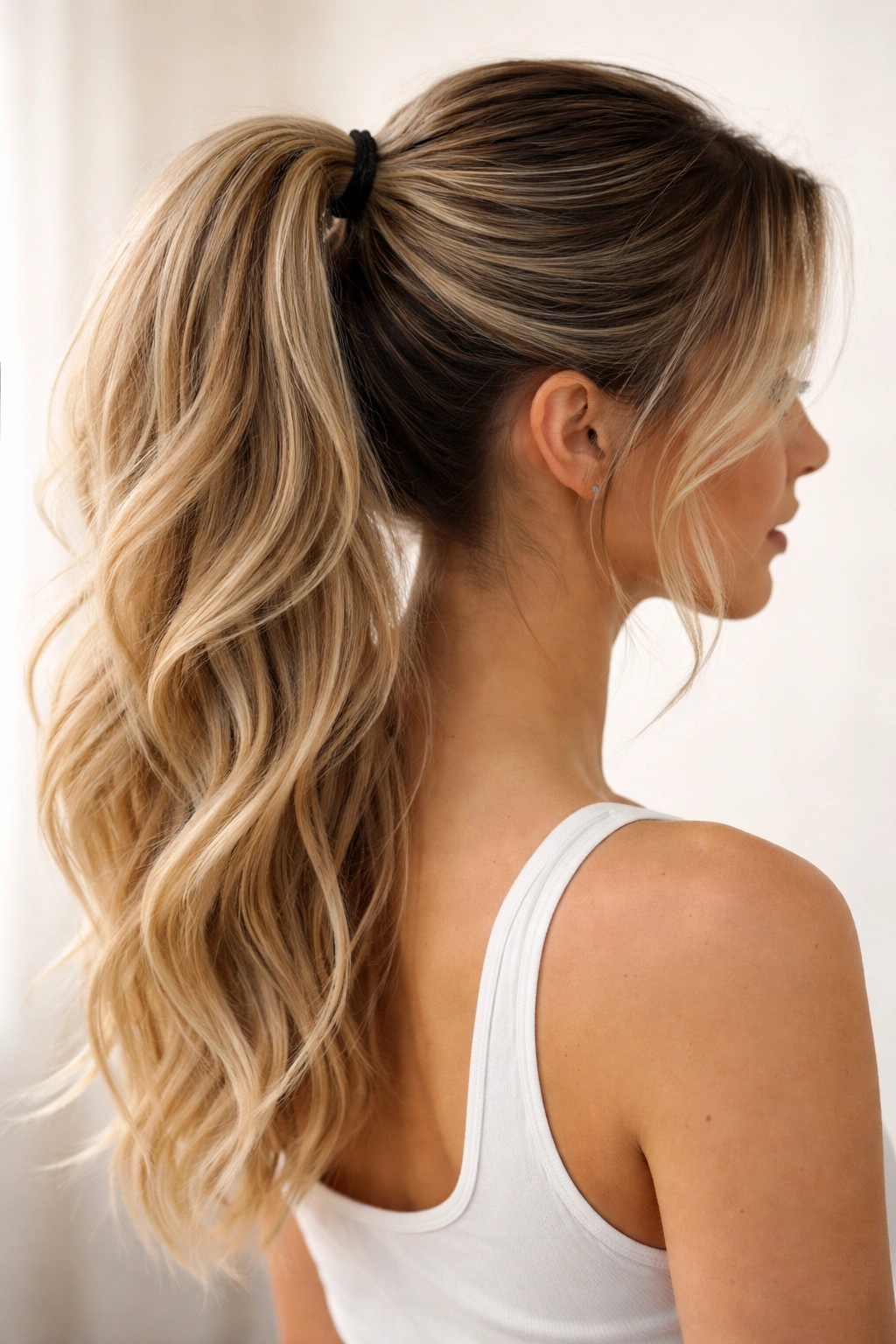 Blonde ponytail with darker roots and soft balayage.