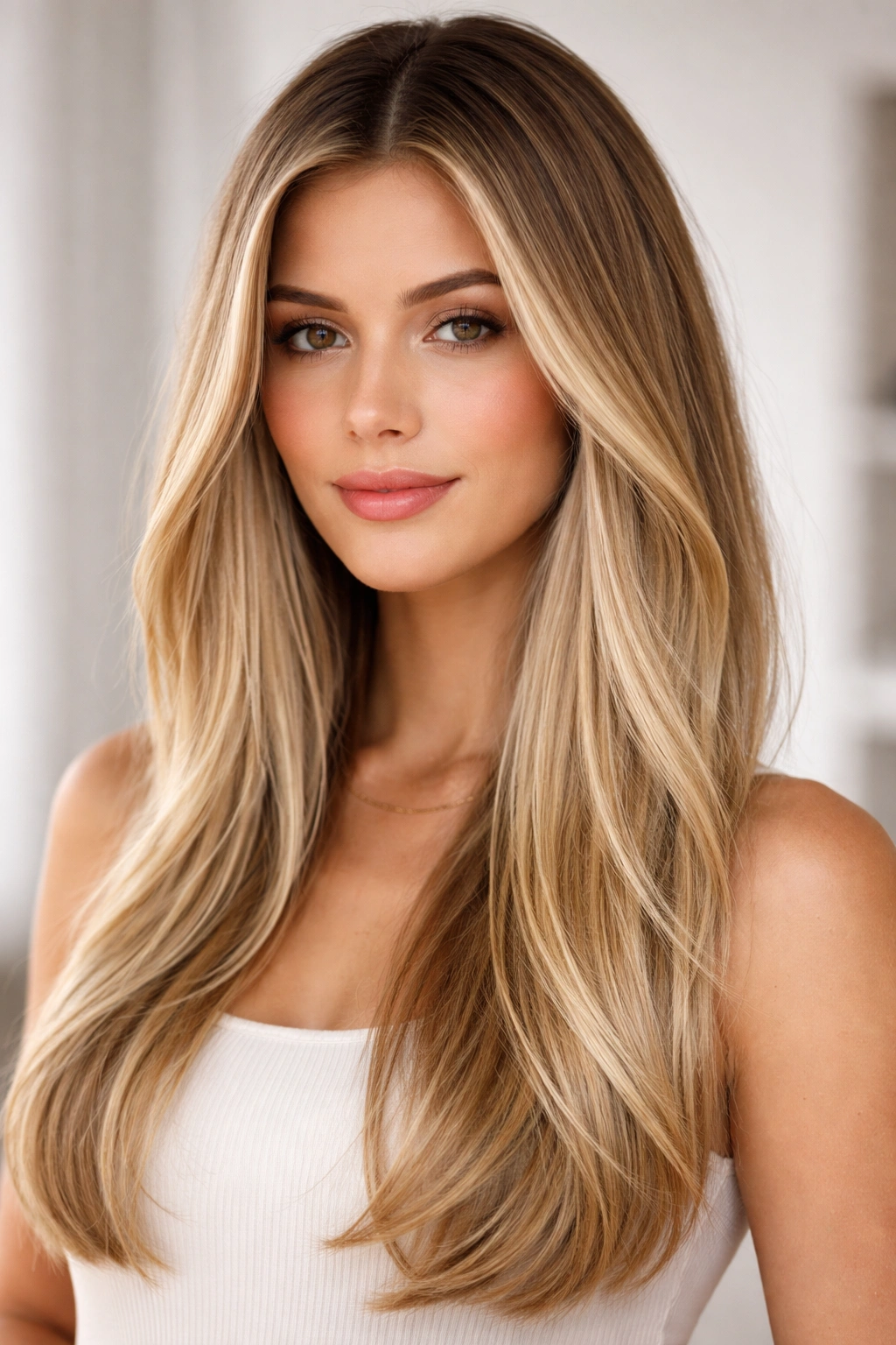 Straight hair with darker roots and bright blonde balayage through crown and face-framing pieces.