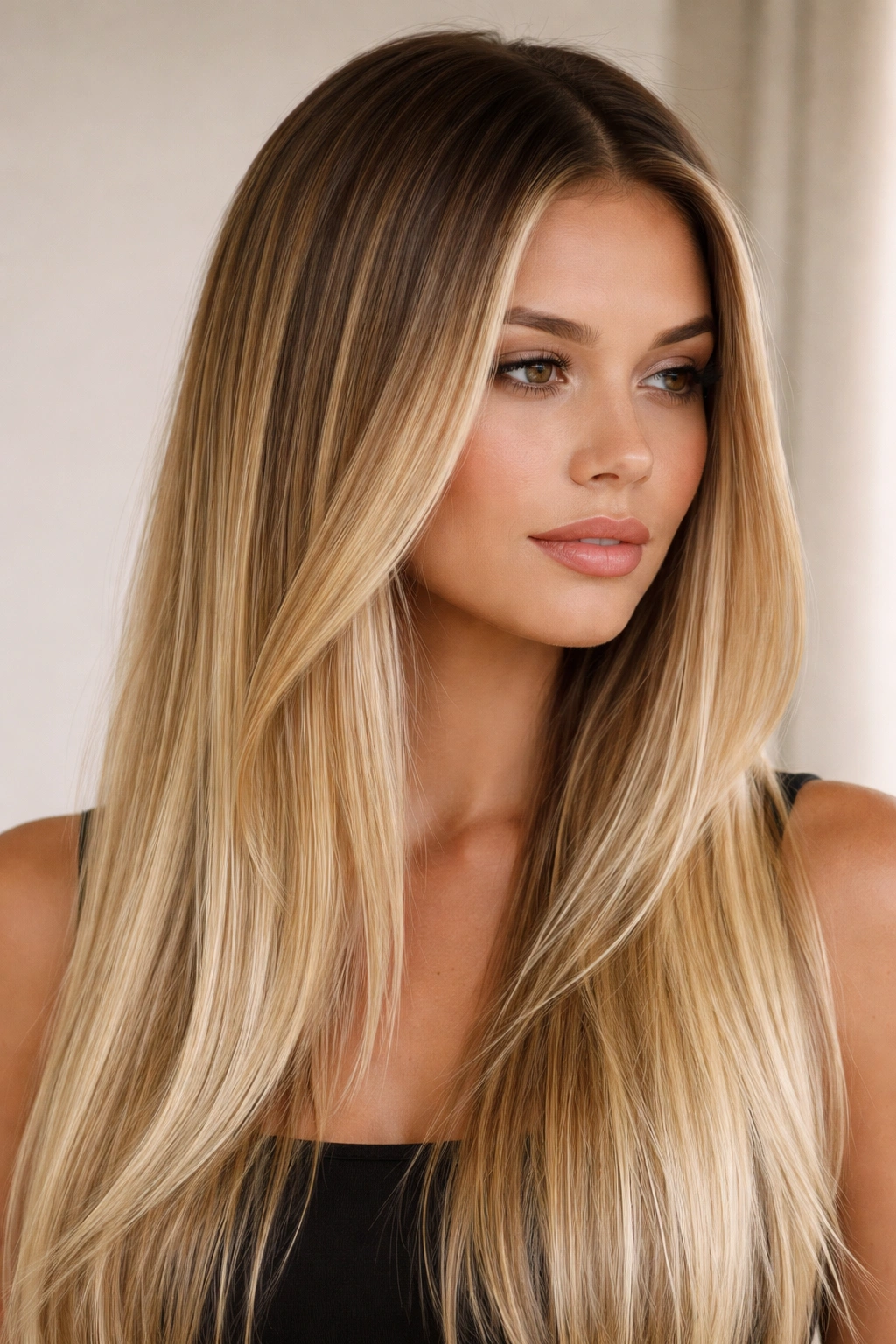 Close-up of straight hair showing a rooted blonde transition with darker roots and blonde lengths