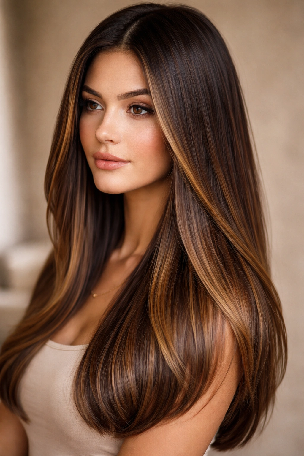 Straight hair with rooted brunette balayage showing dark base and lighter pieces