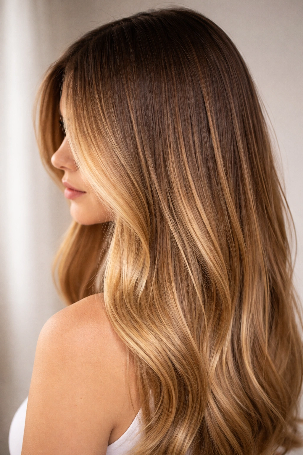 Straight hair with a darker rooted caramel blonde gradient