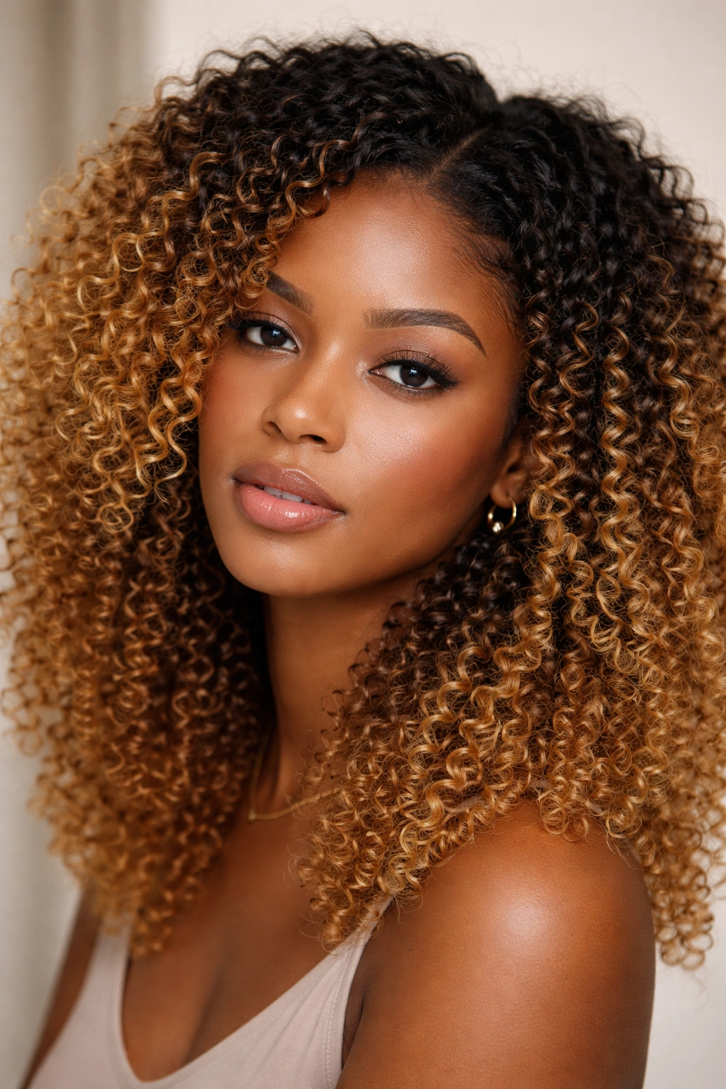 Close-up of coily hair with dark roots and honey blonde mid-lengths, emphasizing texture and depth