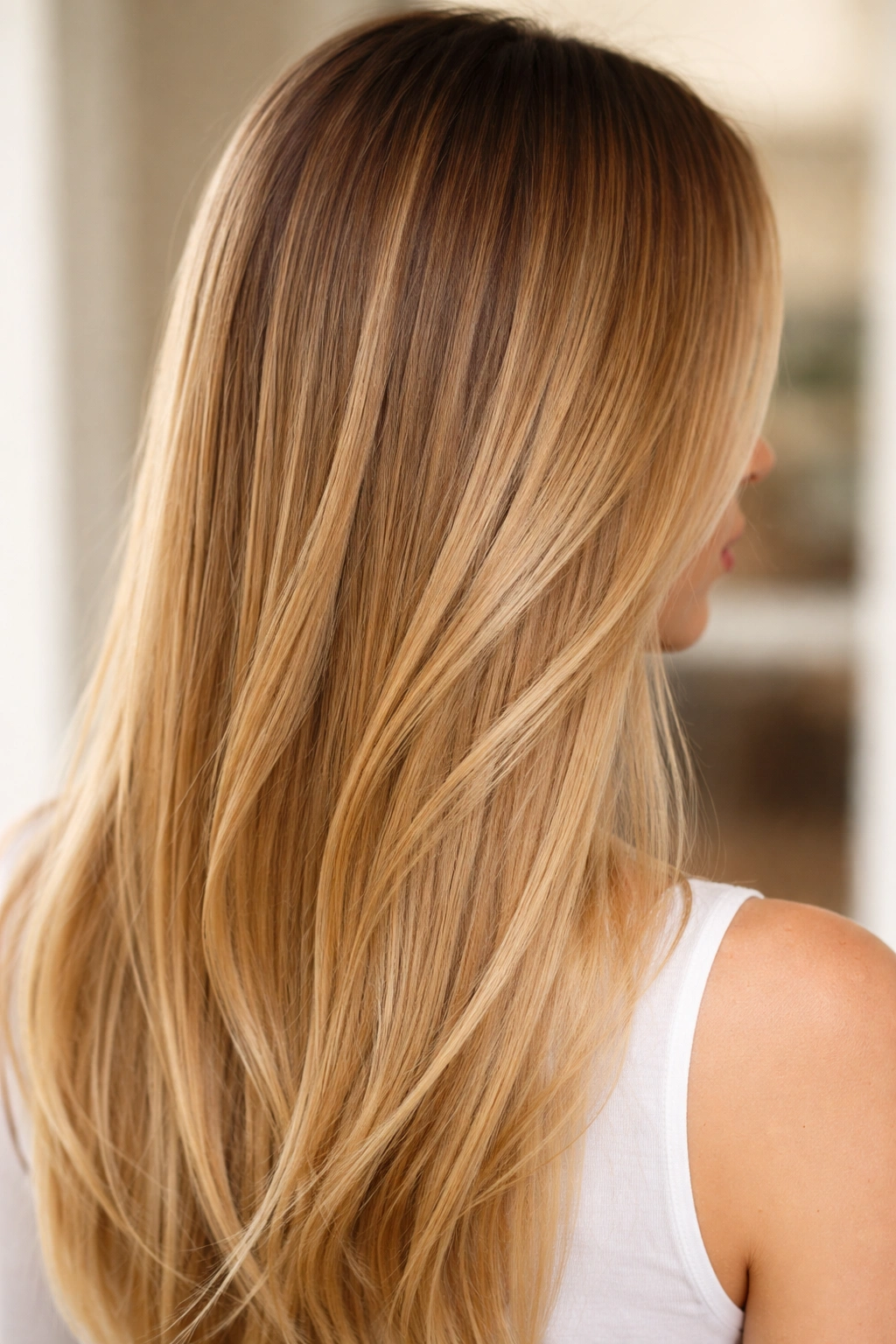 Close-up of straight hair with darker roots fading into honey blonde for a shadow root effect
