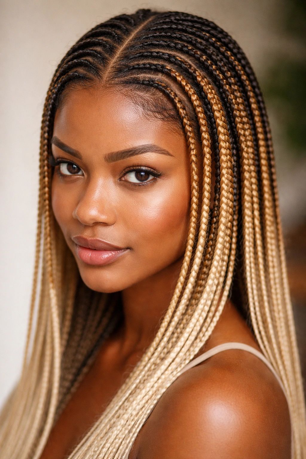 Close-up of micro cornrows with colored roots creating a rooted two-tone look