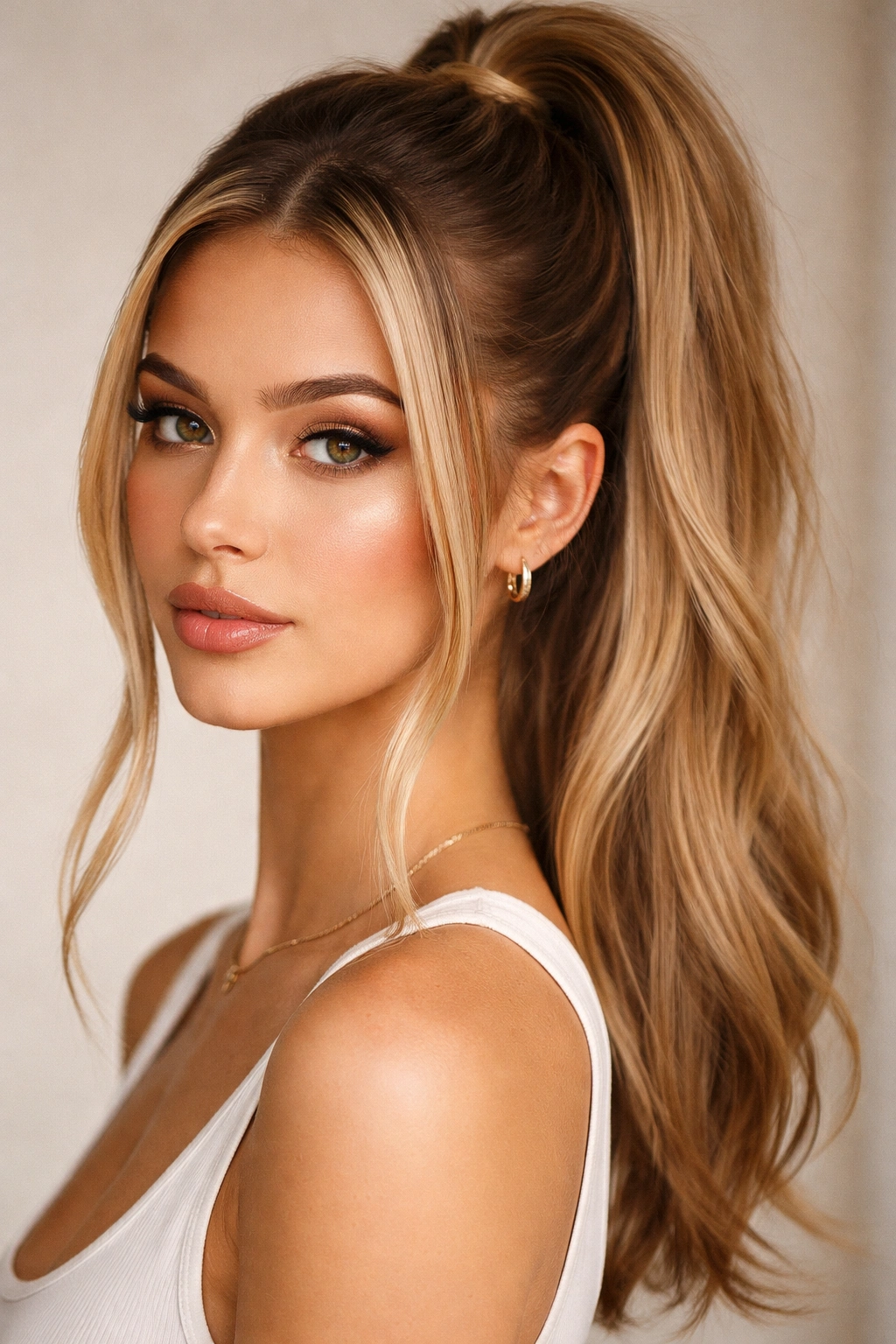 Honey blonde ponytail with rooted ombre face-framing pieces