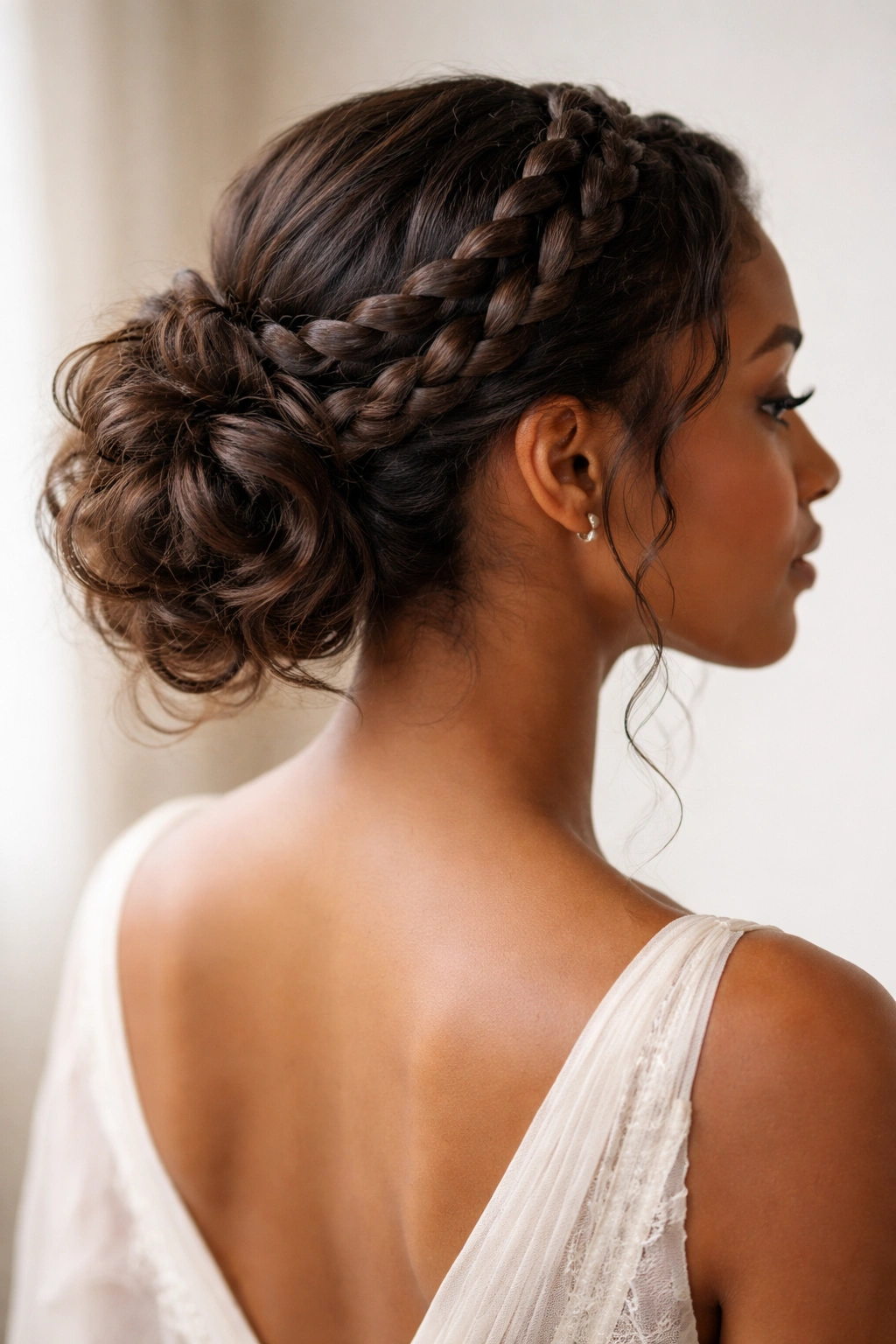 Close-up of a prom-ready rope-braid crown bun hairstyle with a soft undone bun at the back