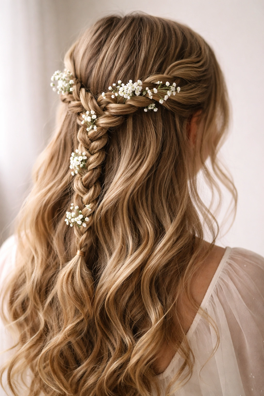 Close-up of rope braid with tiny white flowers woven into twists