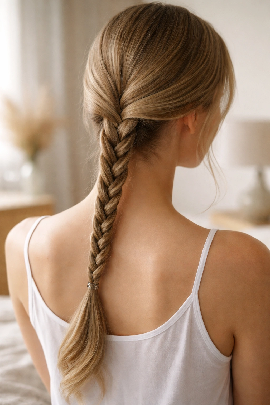 Close-up of a rope braid on the back of the head in soft morning light