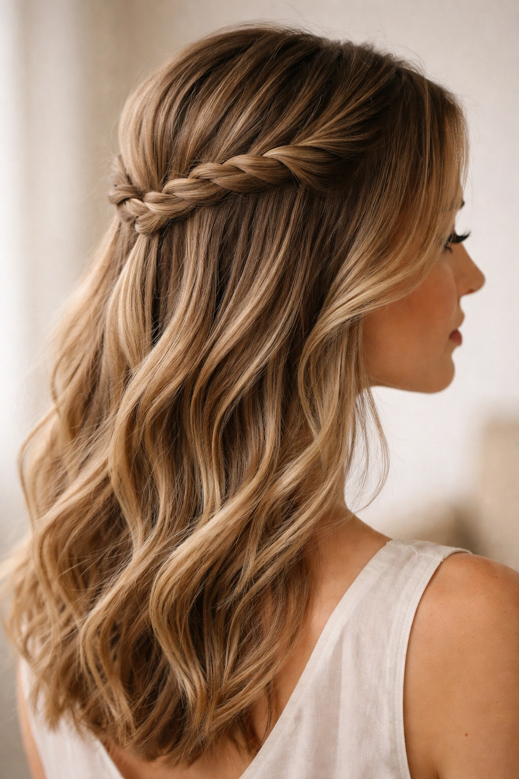 Rope braid half up hairstyle with rope texture at crown