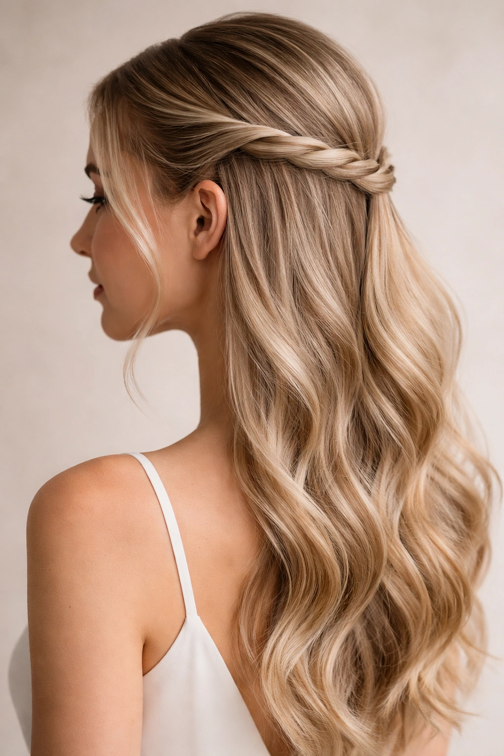 Rope braid half-up with twisted elegance on a polished formal hairstyle