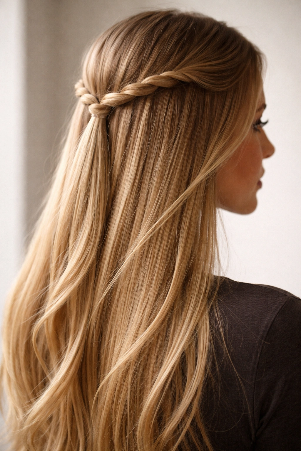Head with two-strand rope braid wrapped around crown and loose straight hair