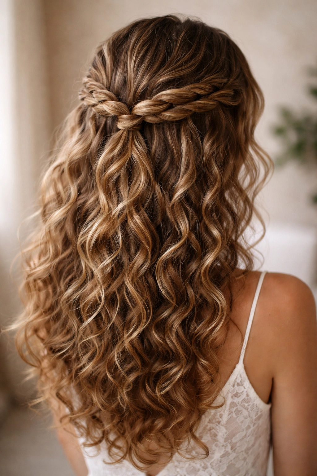 Back/side view of The Rope Braid Half-Up showing two rope twists meeting below the crown with curls.