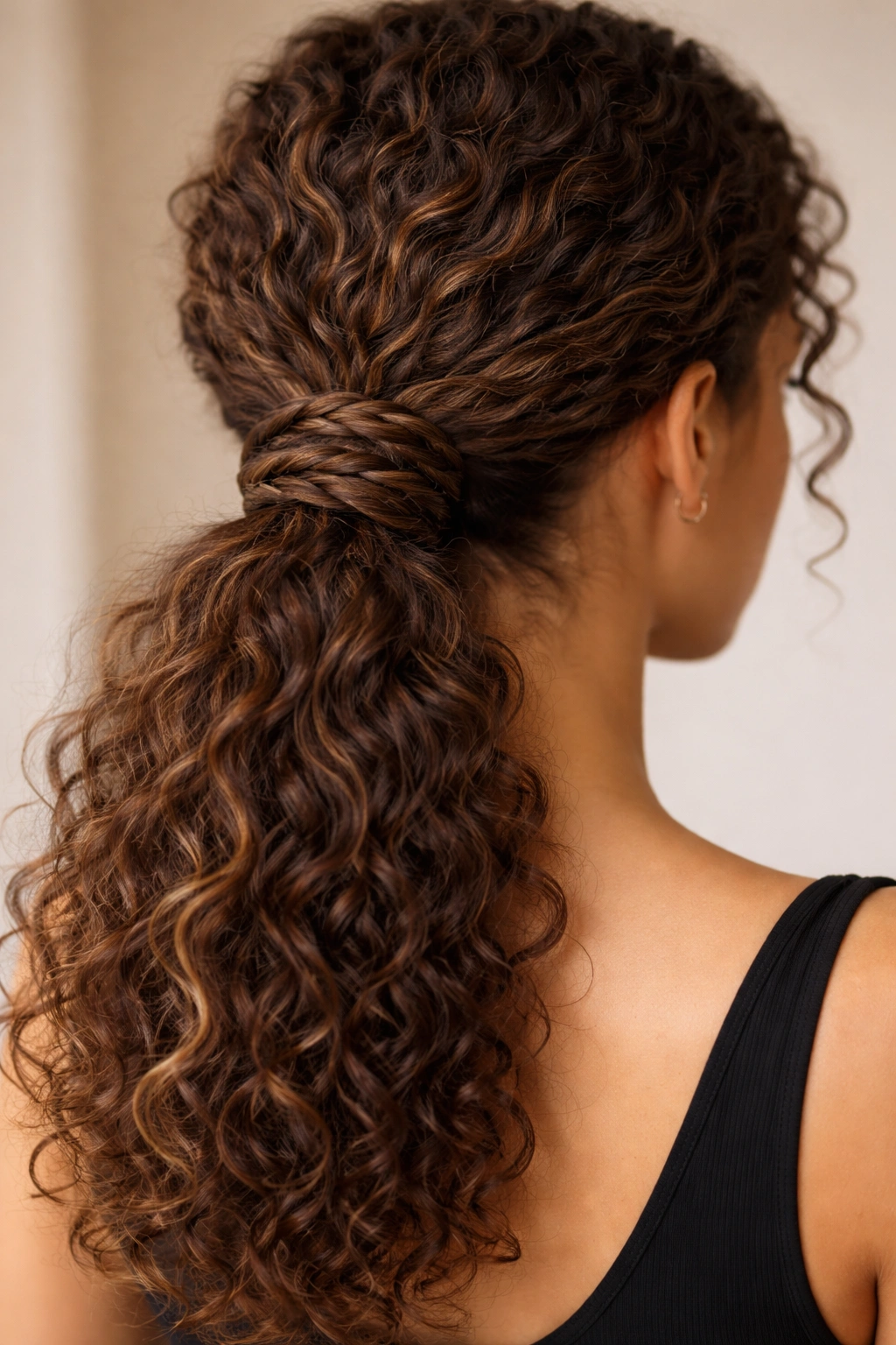 Close-up of stacked rope braids circling a curly low ponytail