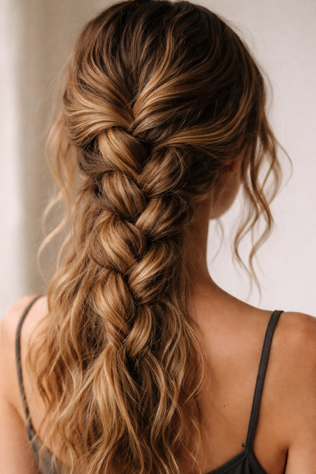 Close-up of a messy rope braid on wavy hair