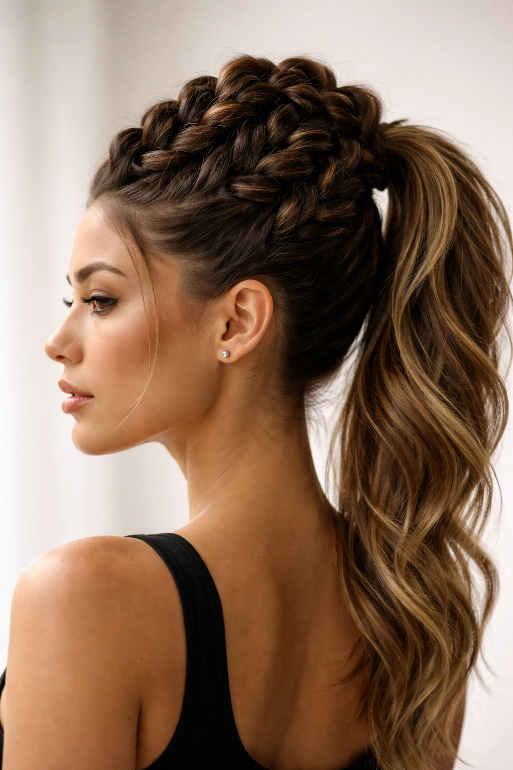 Head-and-shoulders with chunky two-strand rope braids forming a mohawk ponytail.