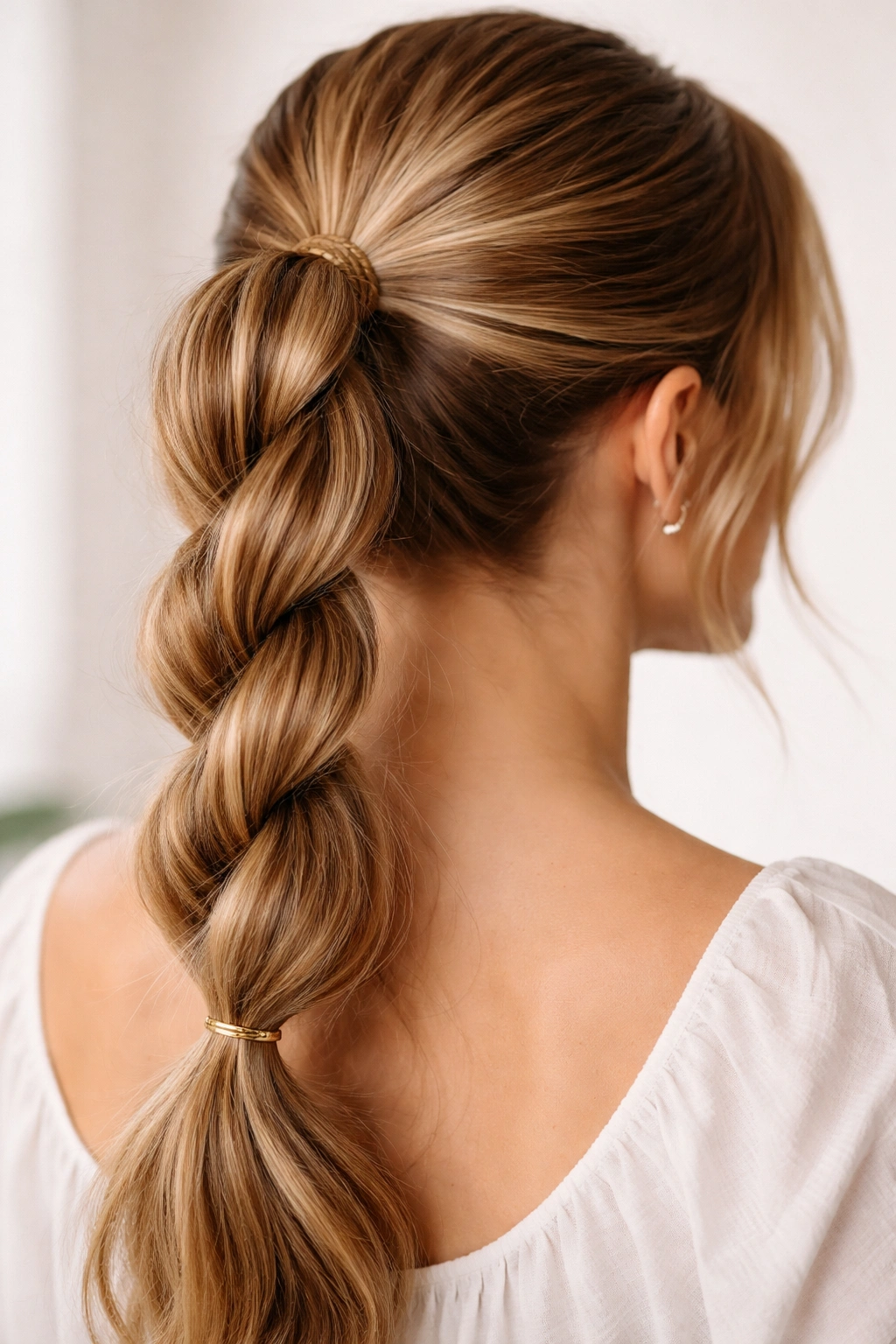 Thick rope braid ponytail with twisted sections