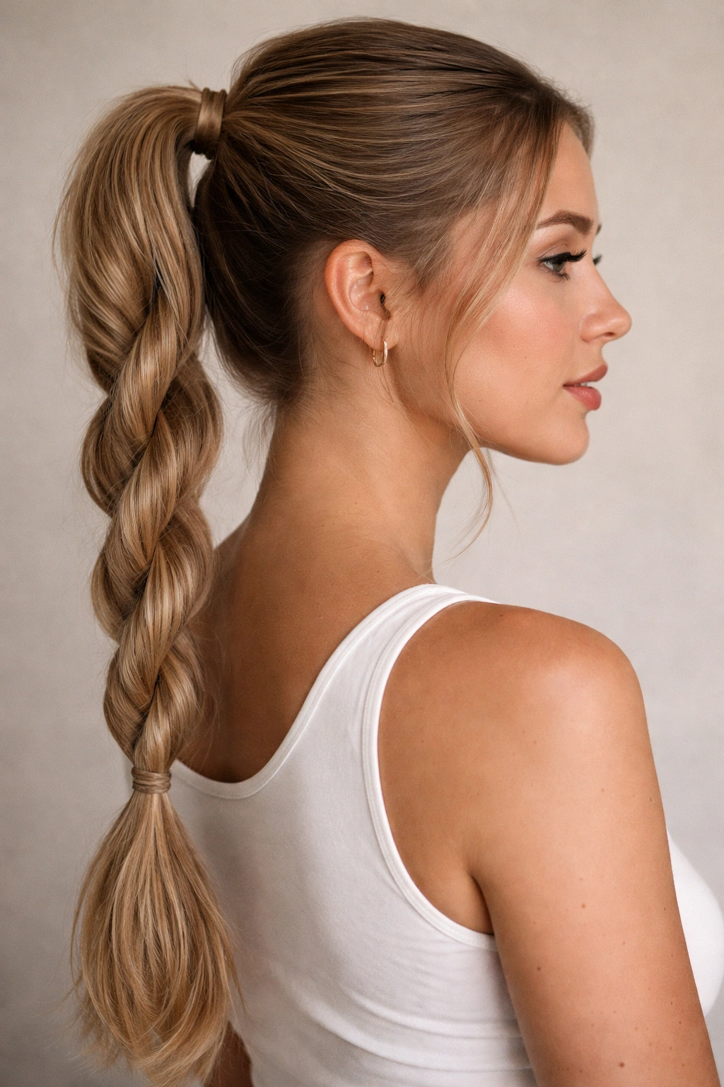 Two-strand rope braid twisted into a ponytail
