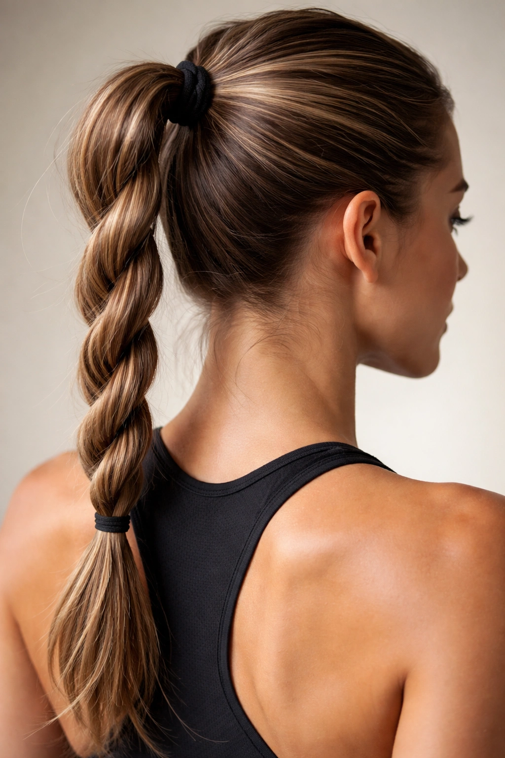Close-up of a high ponytail with a rope braid twist secured tightly for sport hold