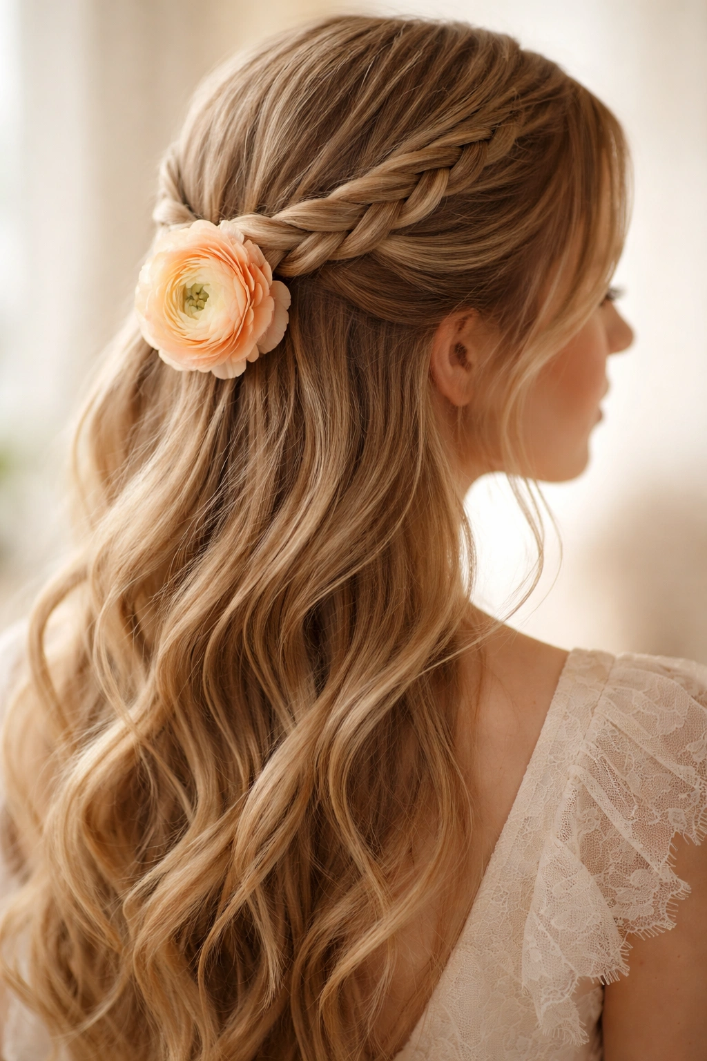 Rope braid half-up secured with a ranunculus bloom.