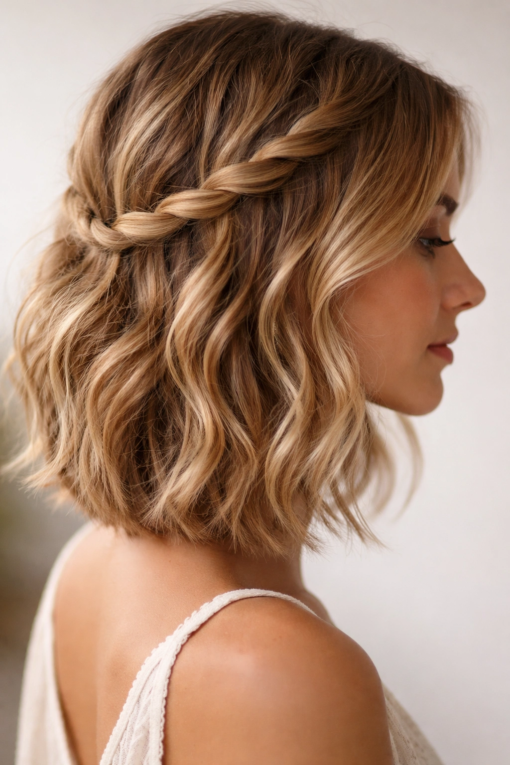 Close-up of a rope braid on textured wavy hair showing twists