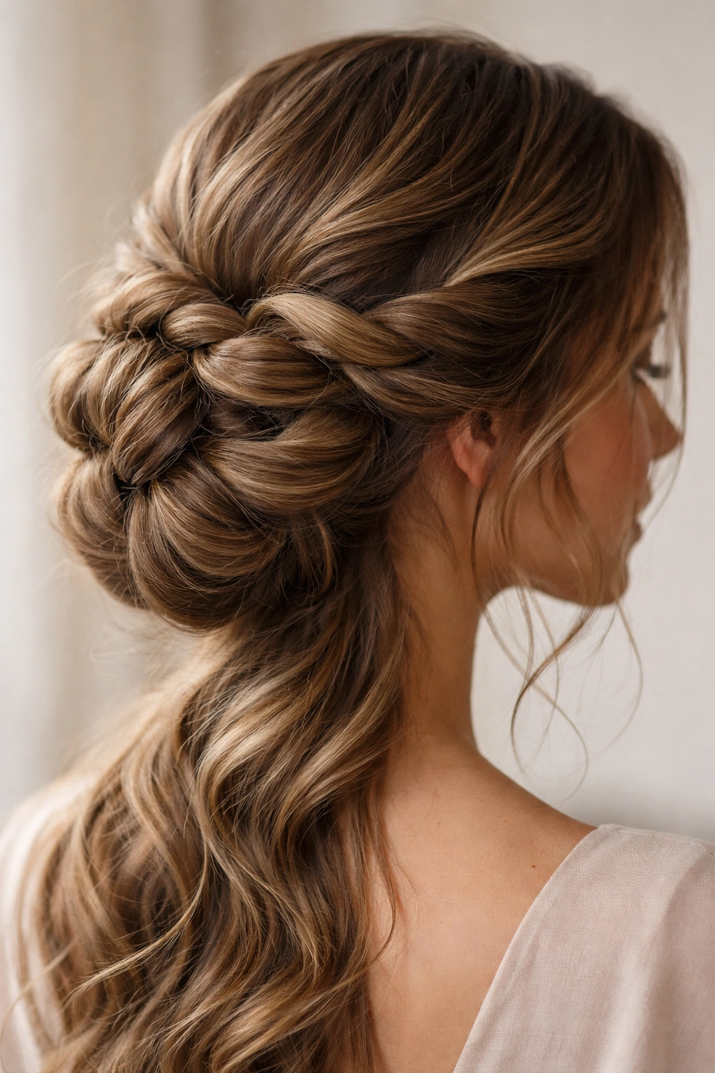 Close-up of hair in a rope braid updo with waves