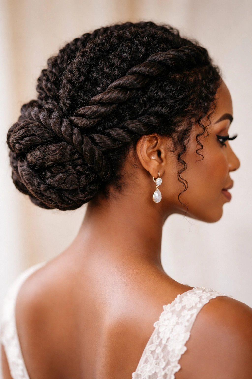 Close up of rope braid into a polished low updo on coily hair