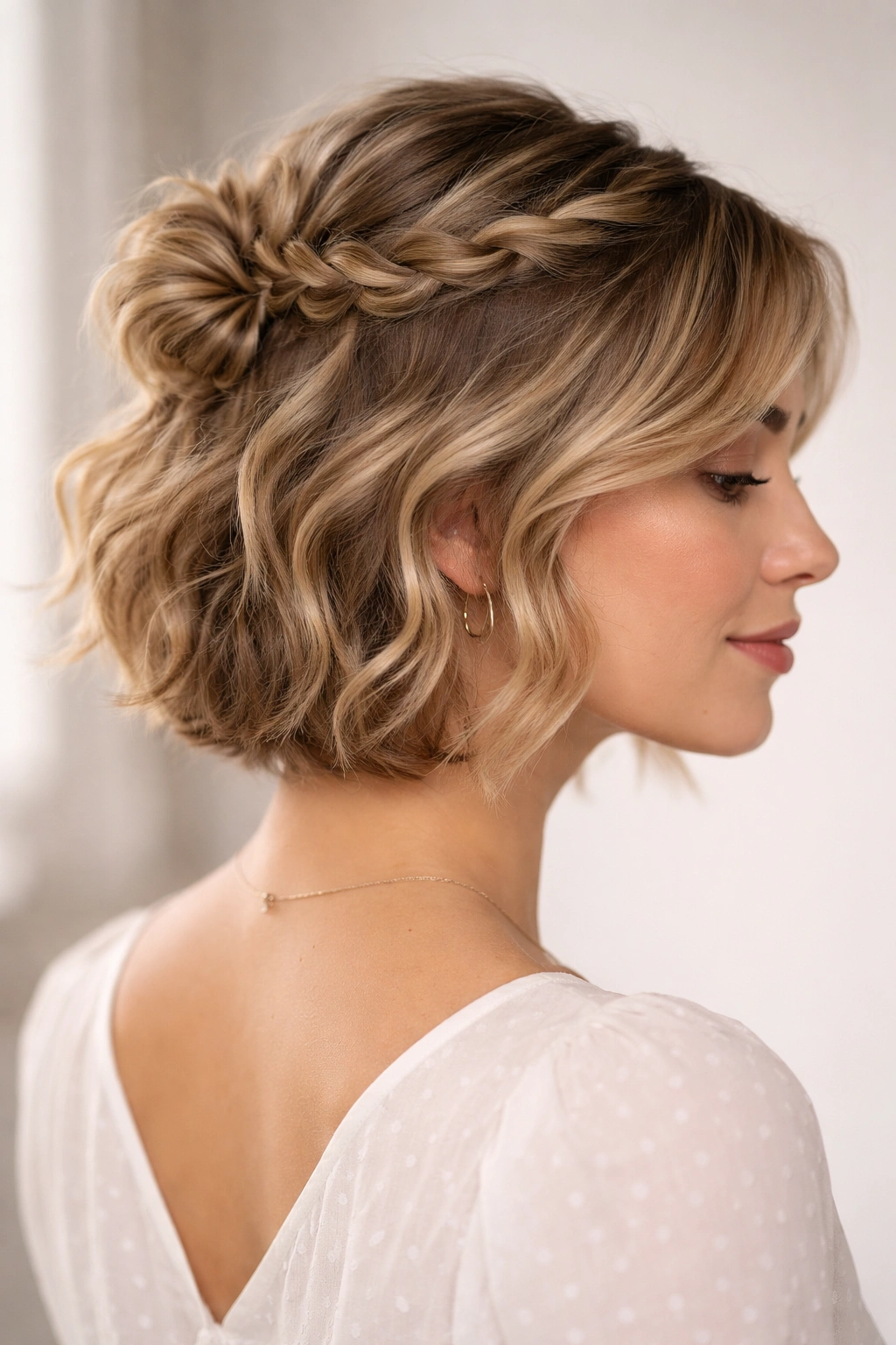 Rope braid half-up updo on short wavy hair