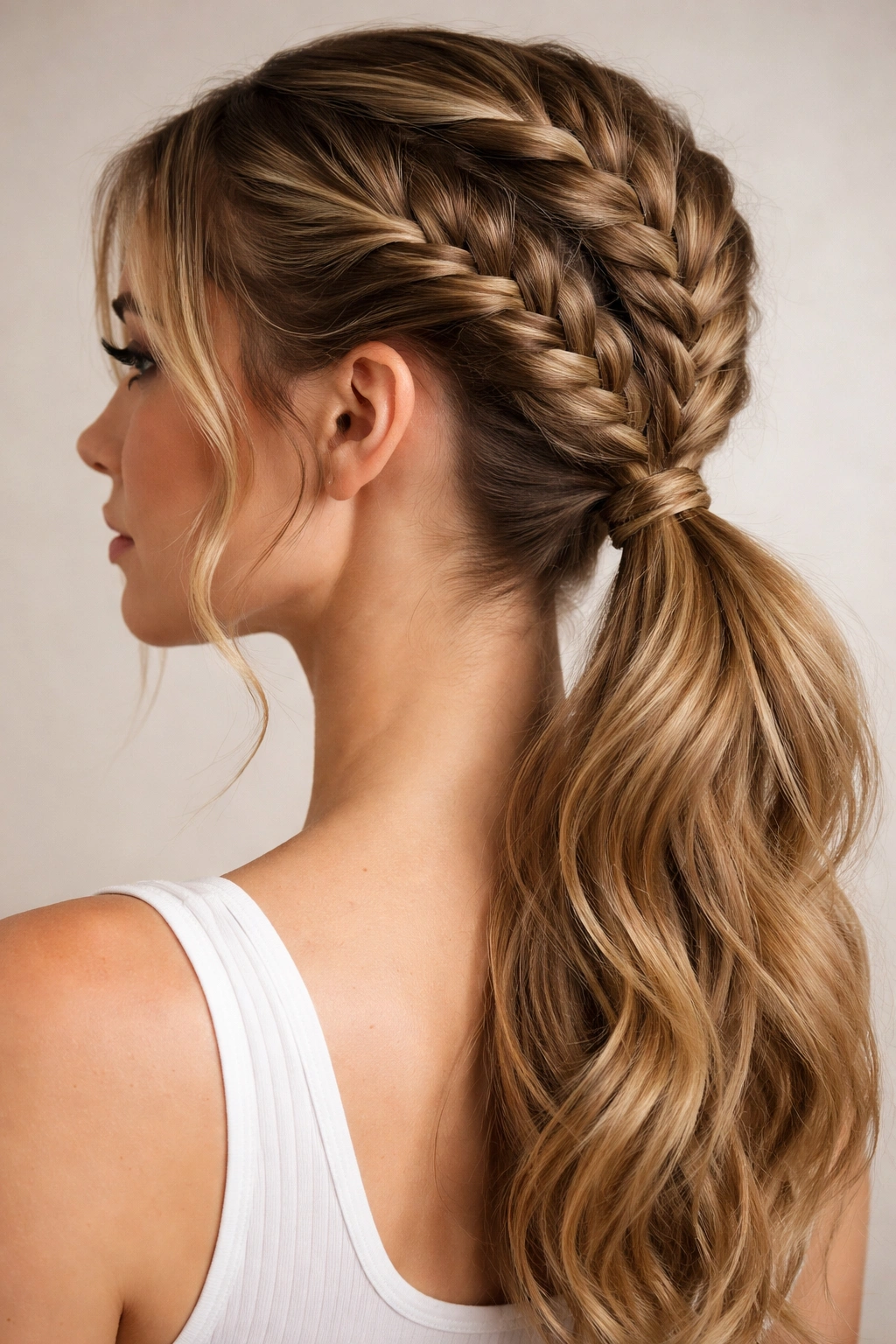 Profile view of two rope-twist braids forming a mid-height ponytail