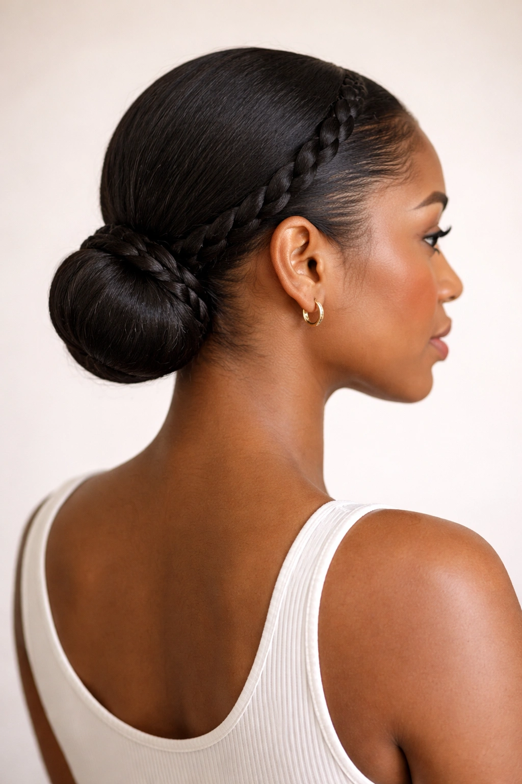 Close-up of two glossy rope twists forming a sleek bun at the nape