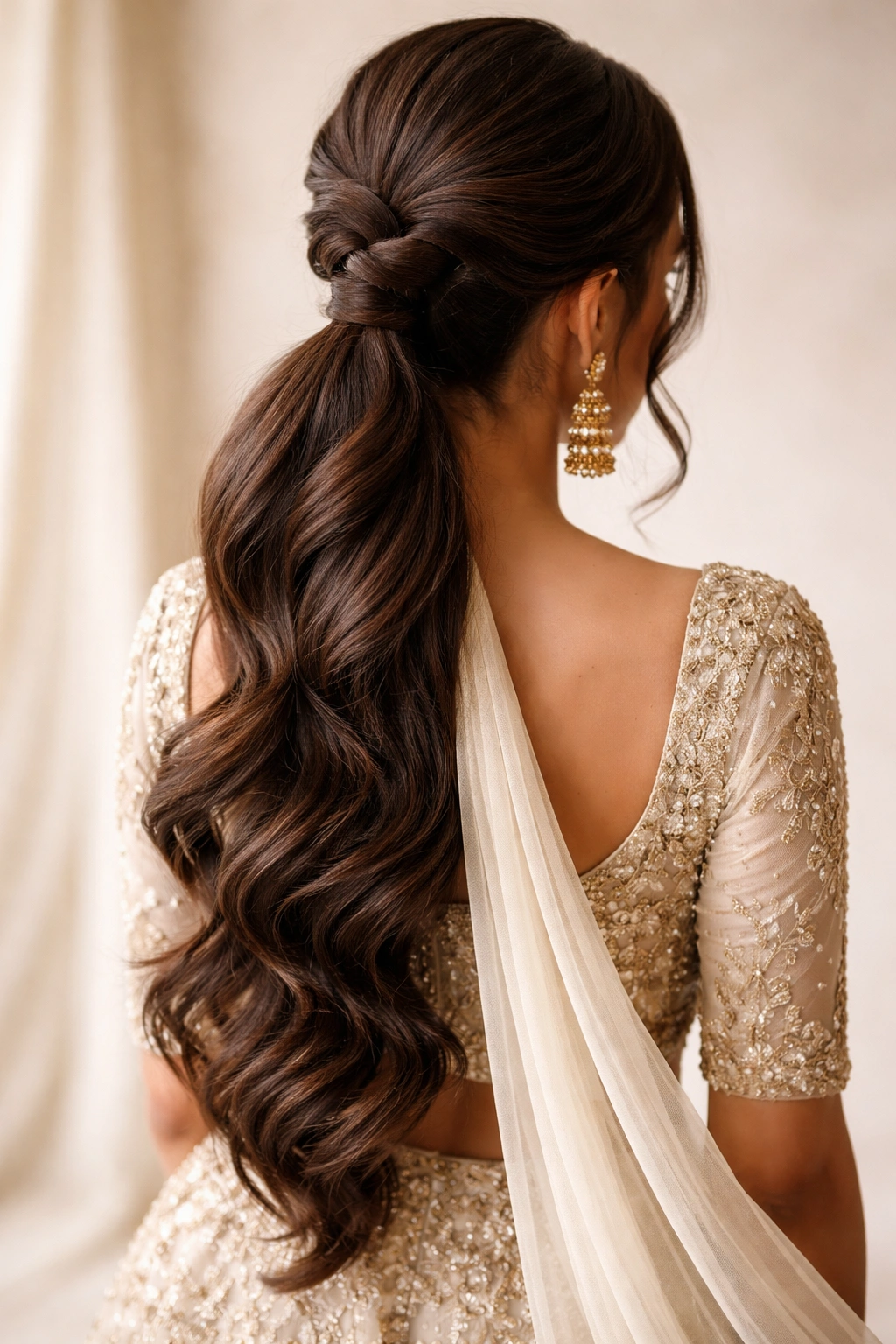 Rope twist ponytail with drape showing two thick twisted sections forming a rope around the ponytail