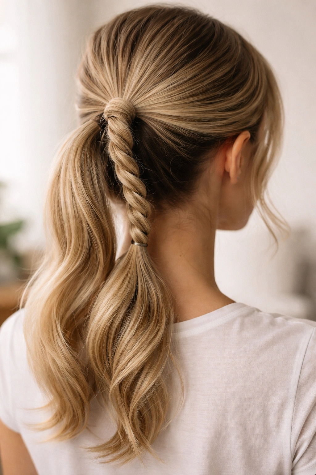 Rope twist between two ponytails in a Double Updo