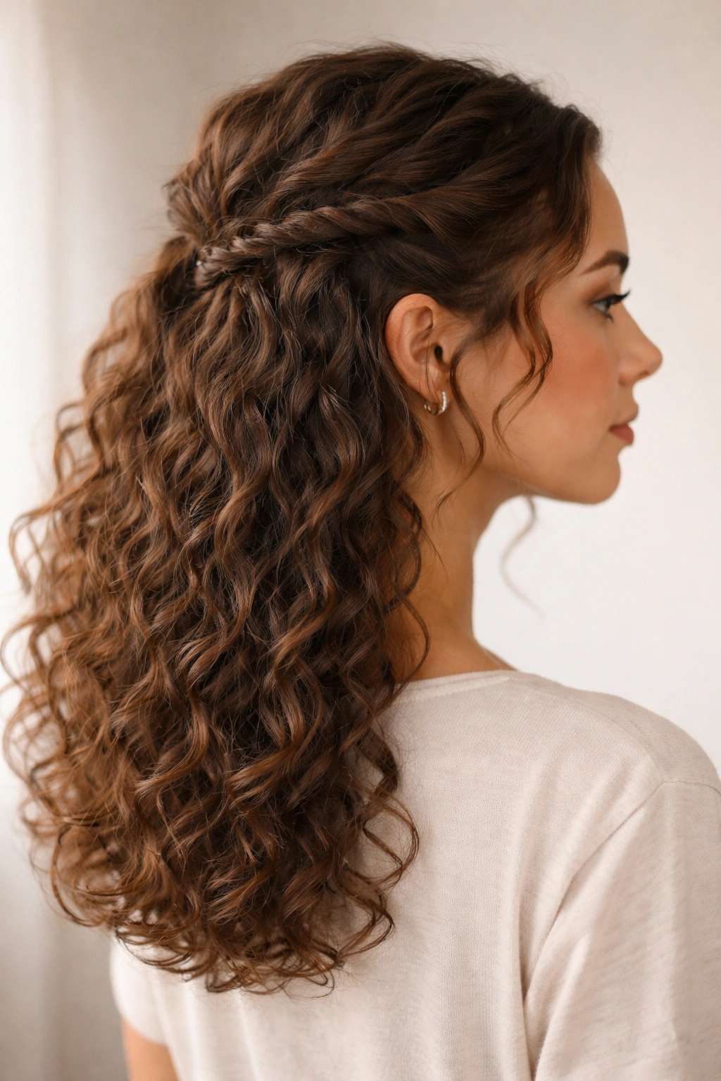 Side profile showing two rope twists pulled back with flowing curls below