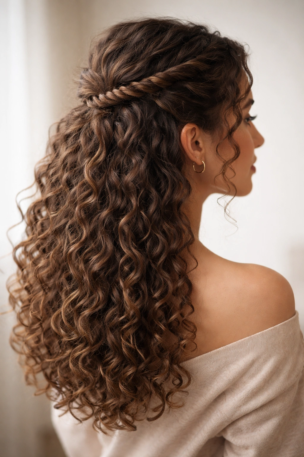 Rope twist half-up hairstyle with rope-twisted crown and loose curls.