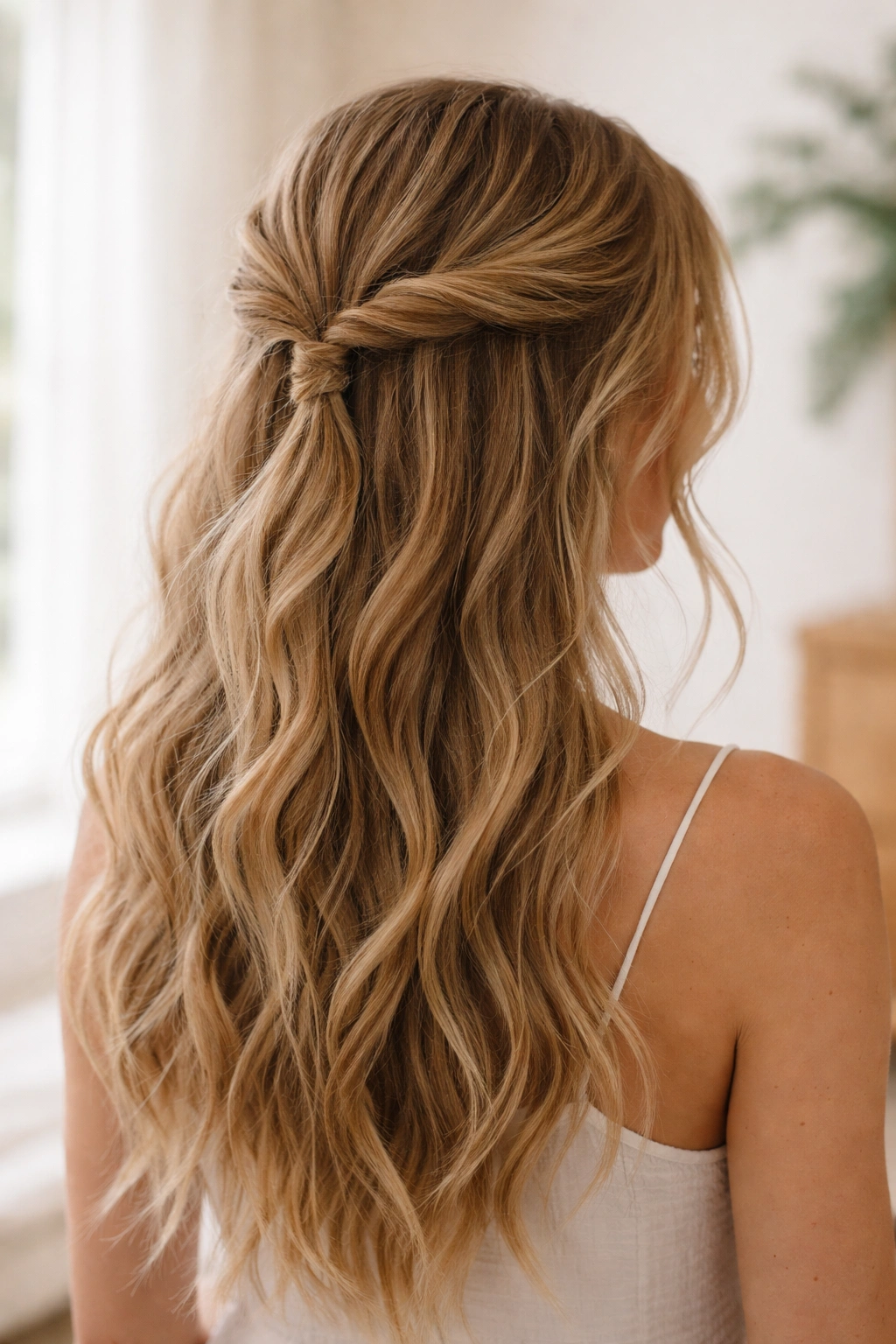 Two loose rope twists meeting at back center with hair down