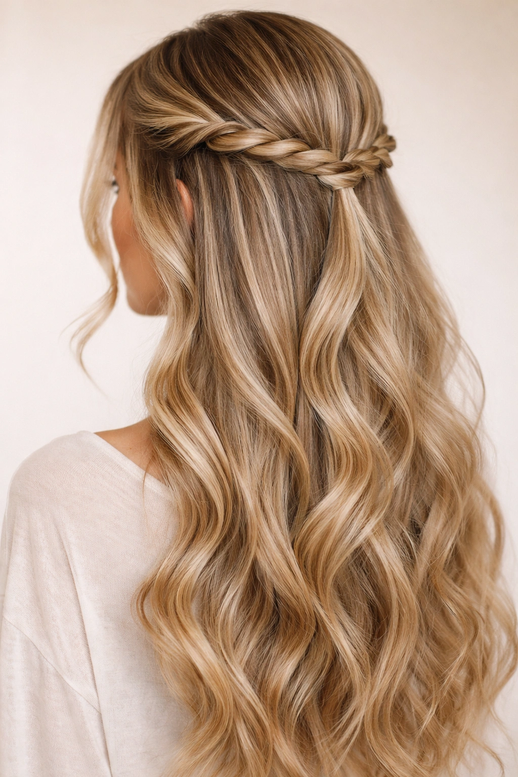 Three-strand rope twist half up hairstyle with long waves