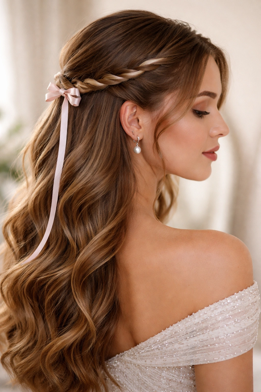 Close-up of rope twist half-up with ribbon detail
