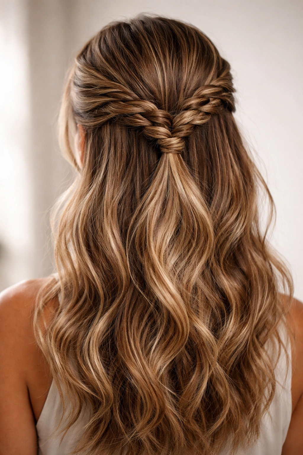 Back view of rope-twisted half-up hairstyle with textured ropes