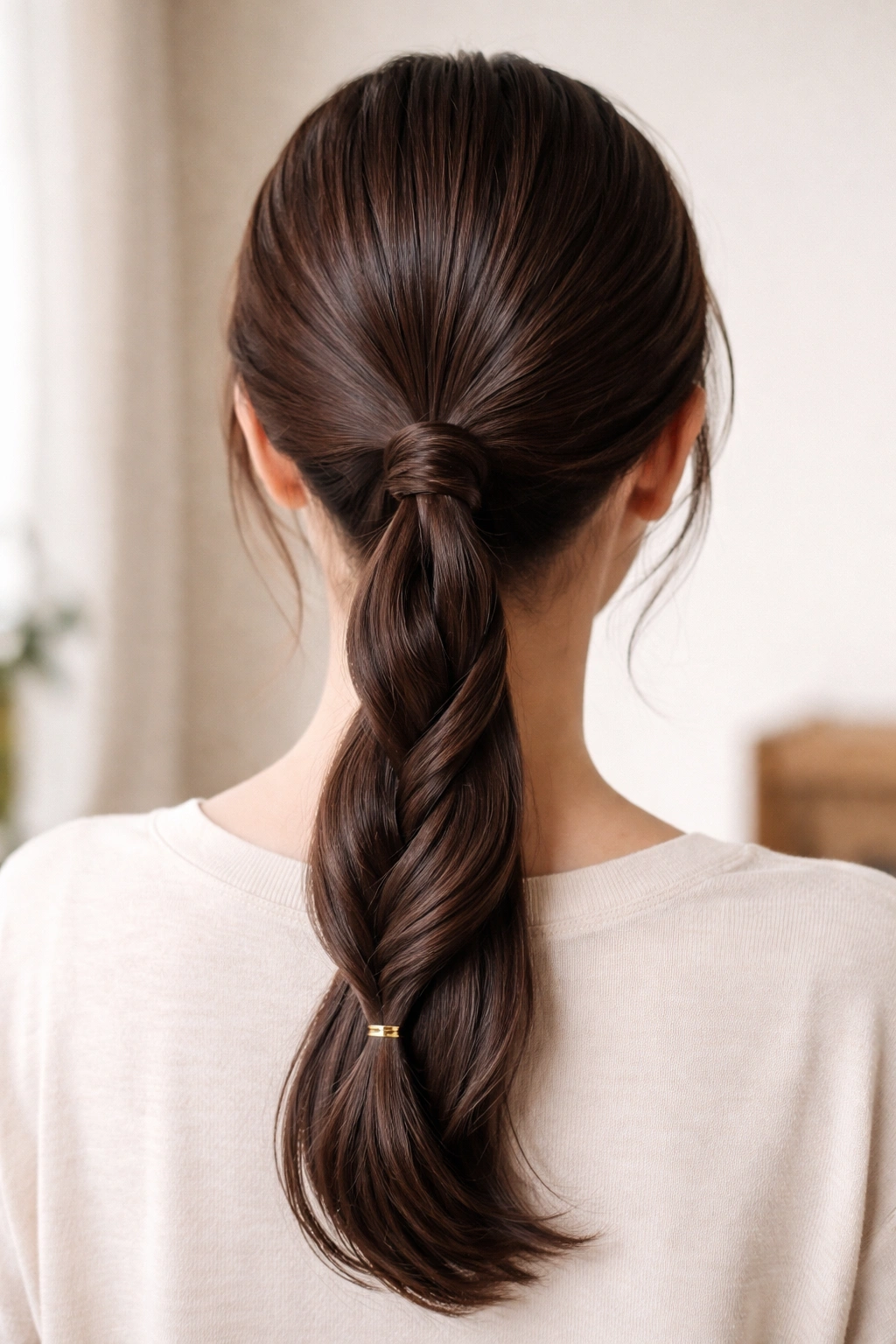 Back view of a low ponytail with two rope twists creating a rope pattern