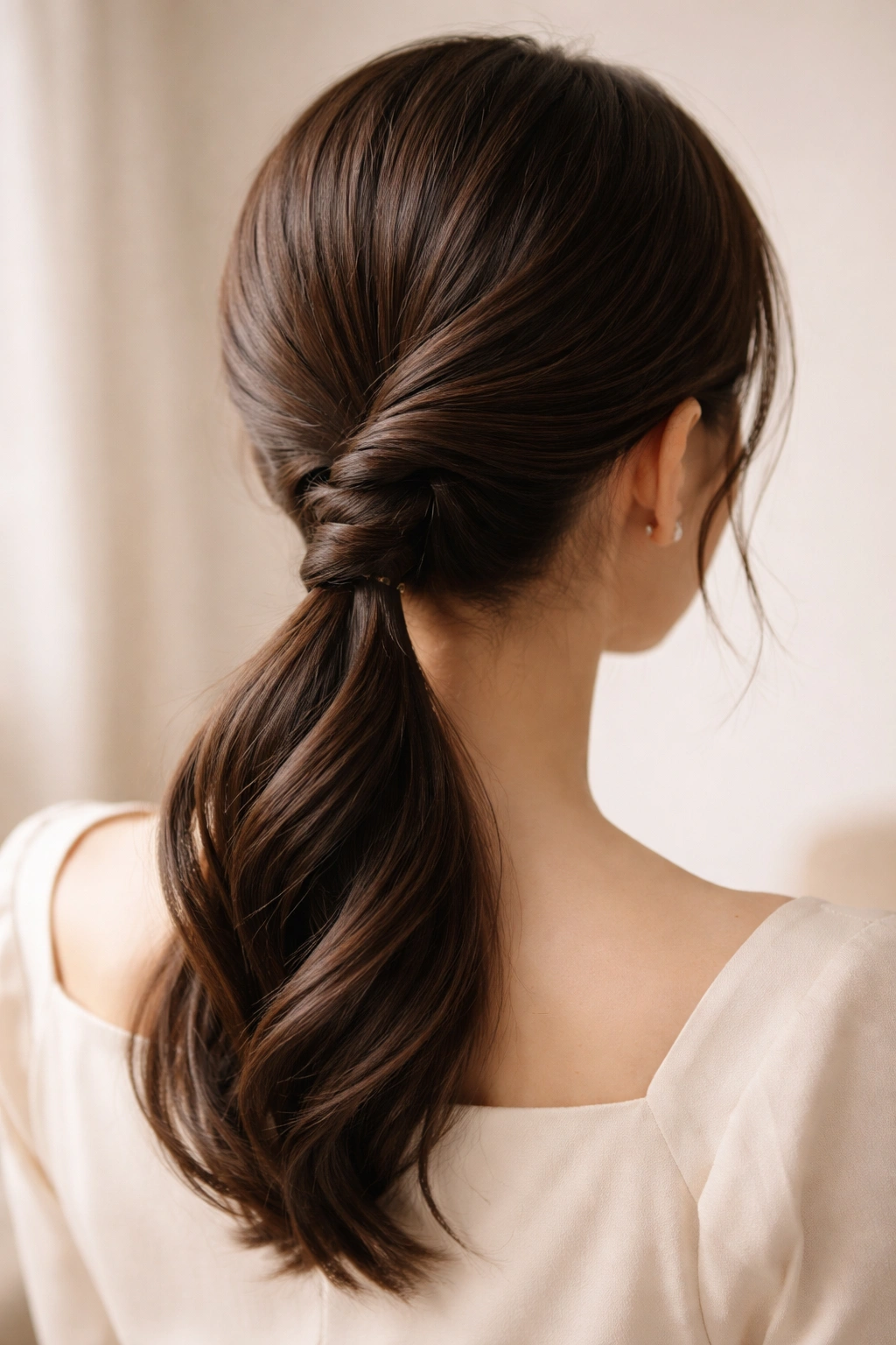 Close-up of rope-twist low ponytail at the nape with interwoven spirals