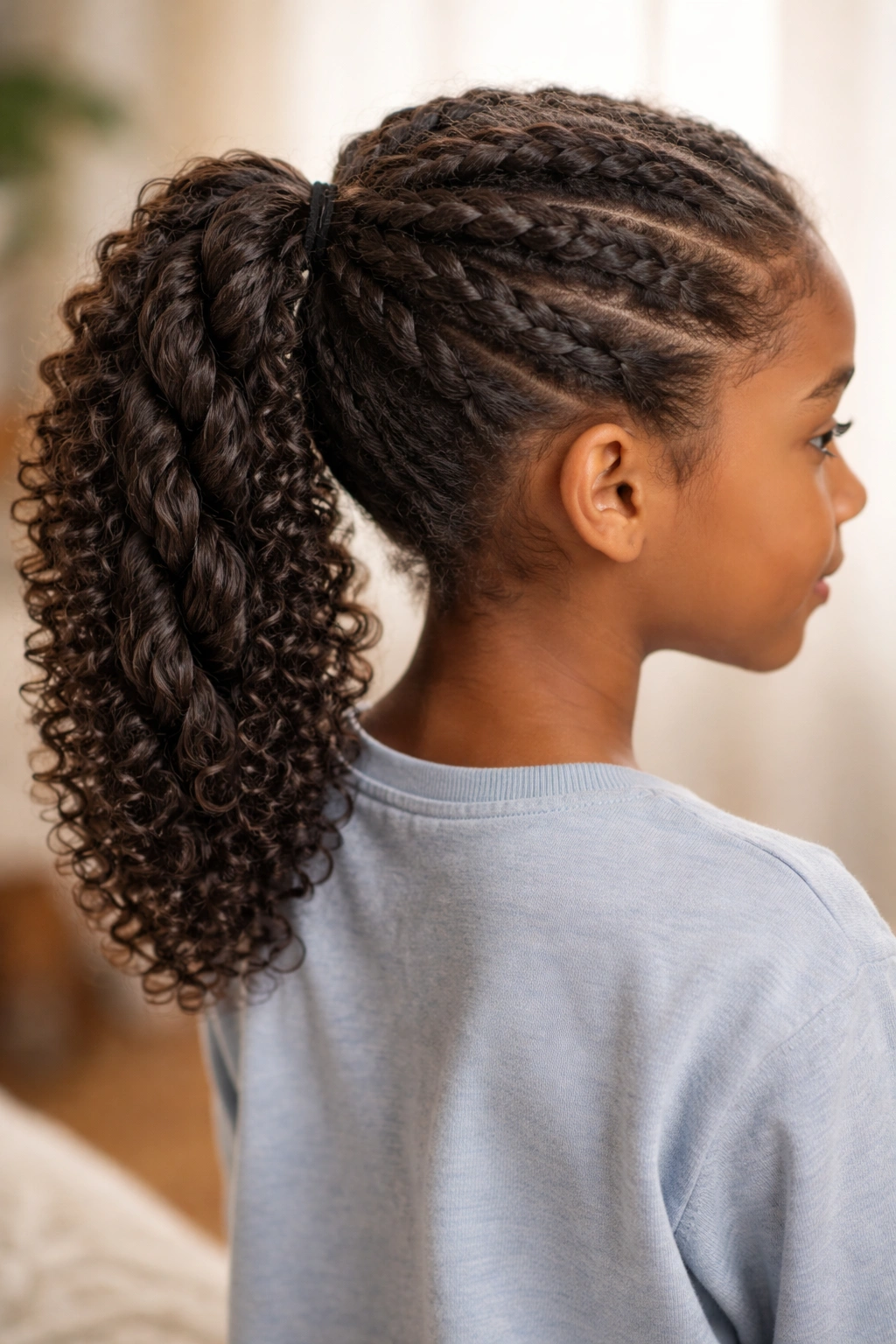 Four-section rope twist forming a ponytail with curly texture