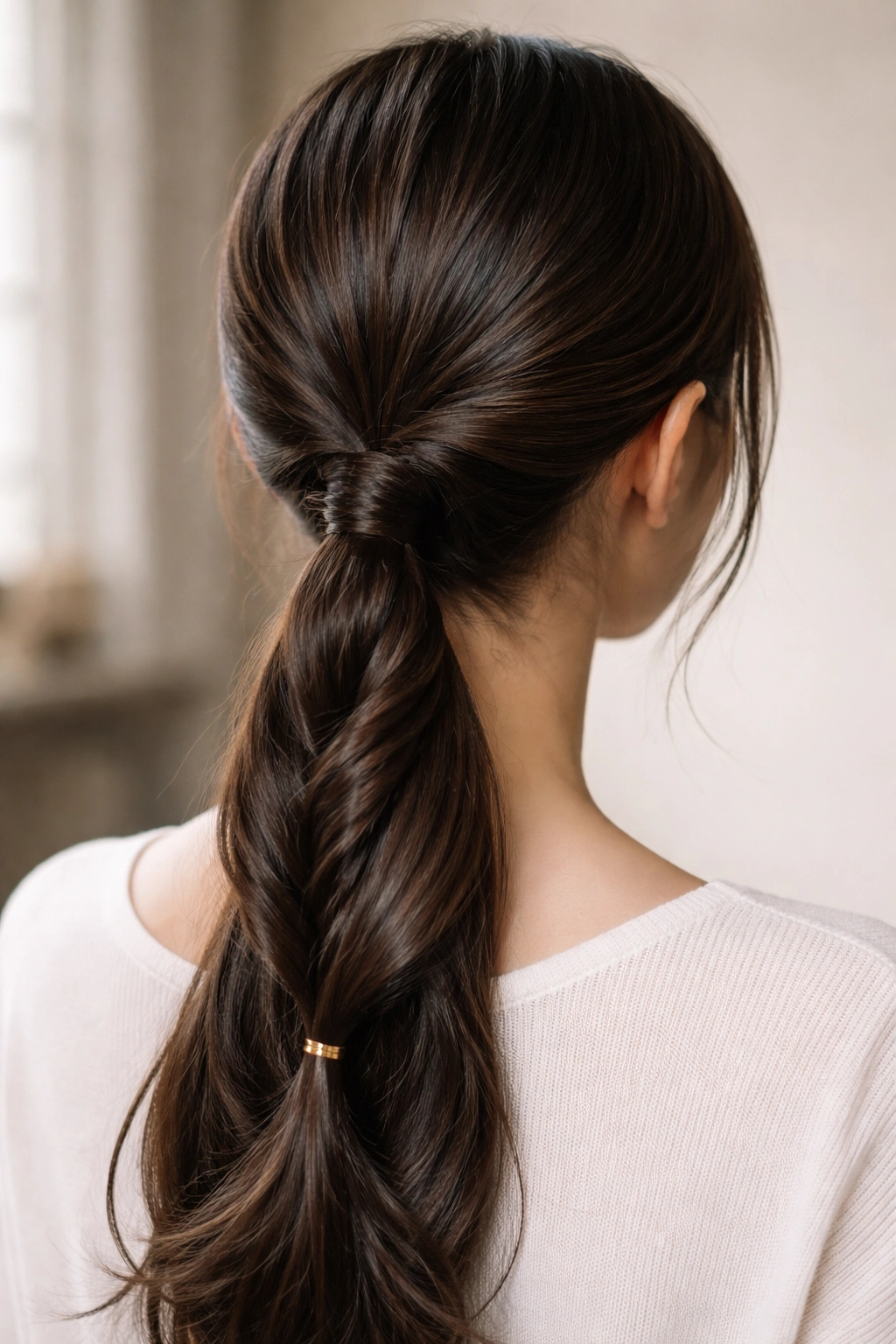 Rope twisted low ponytail showing two interwoven strands at the nape