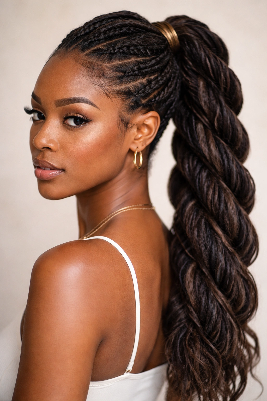 Close-up of rope-twisted ponytail with locs and weave