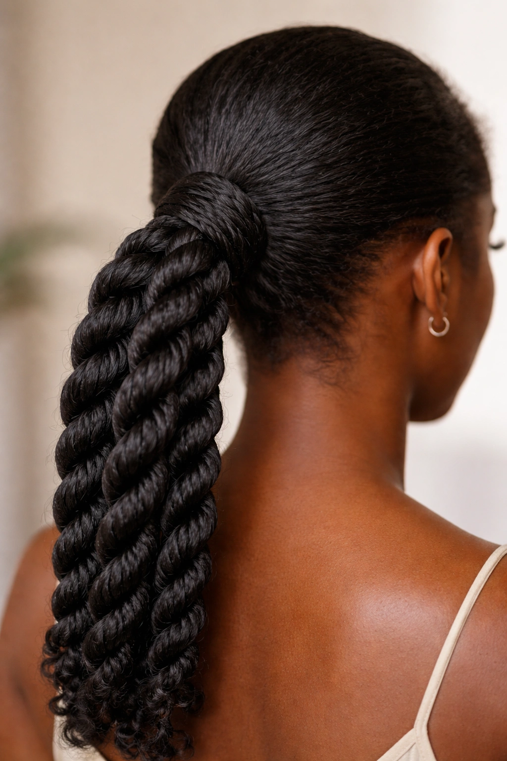 Rope twists wrapped around the base of a ponytail showing thick textured coils