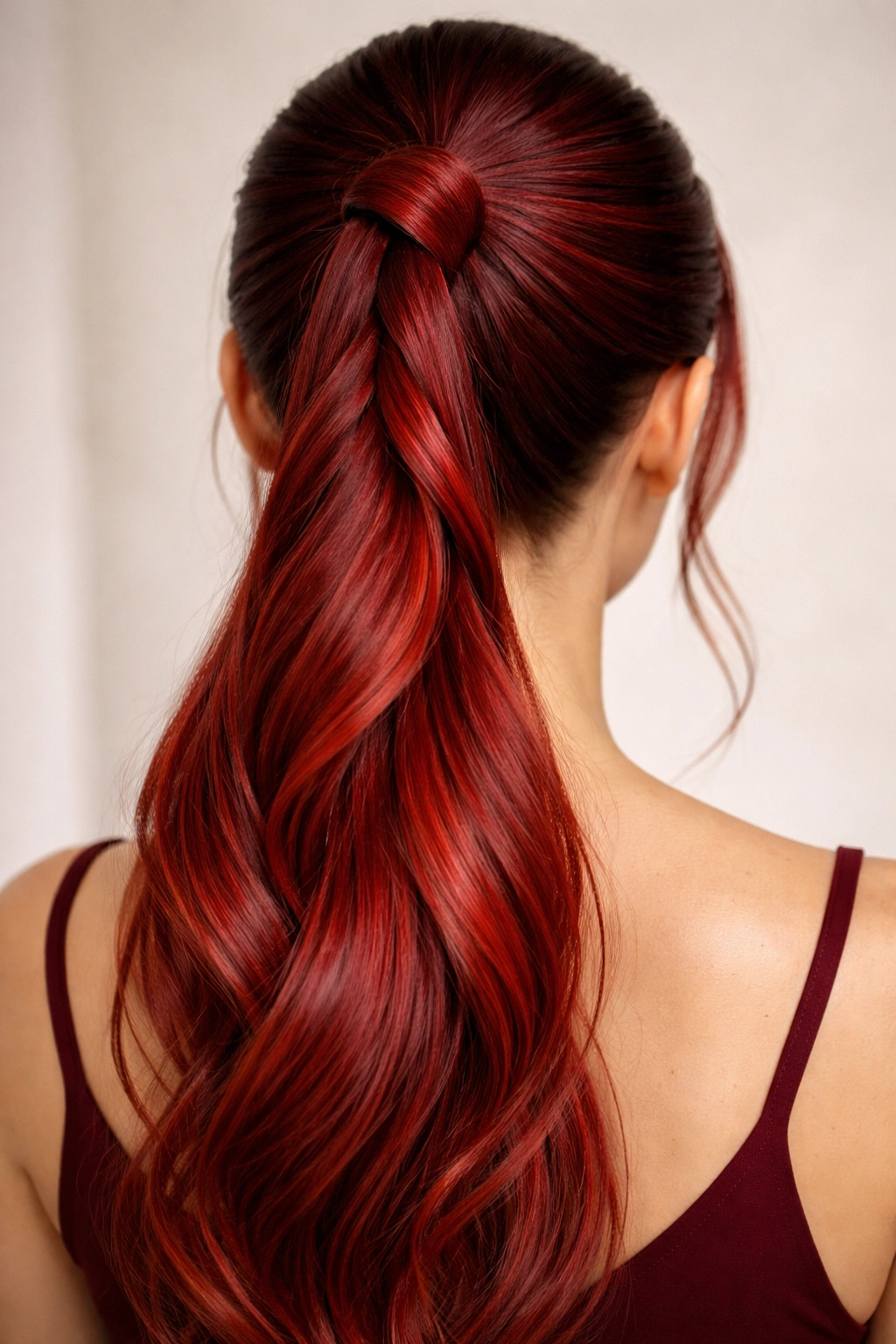 Two rope twists framing red hair into a sleek high ponytail