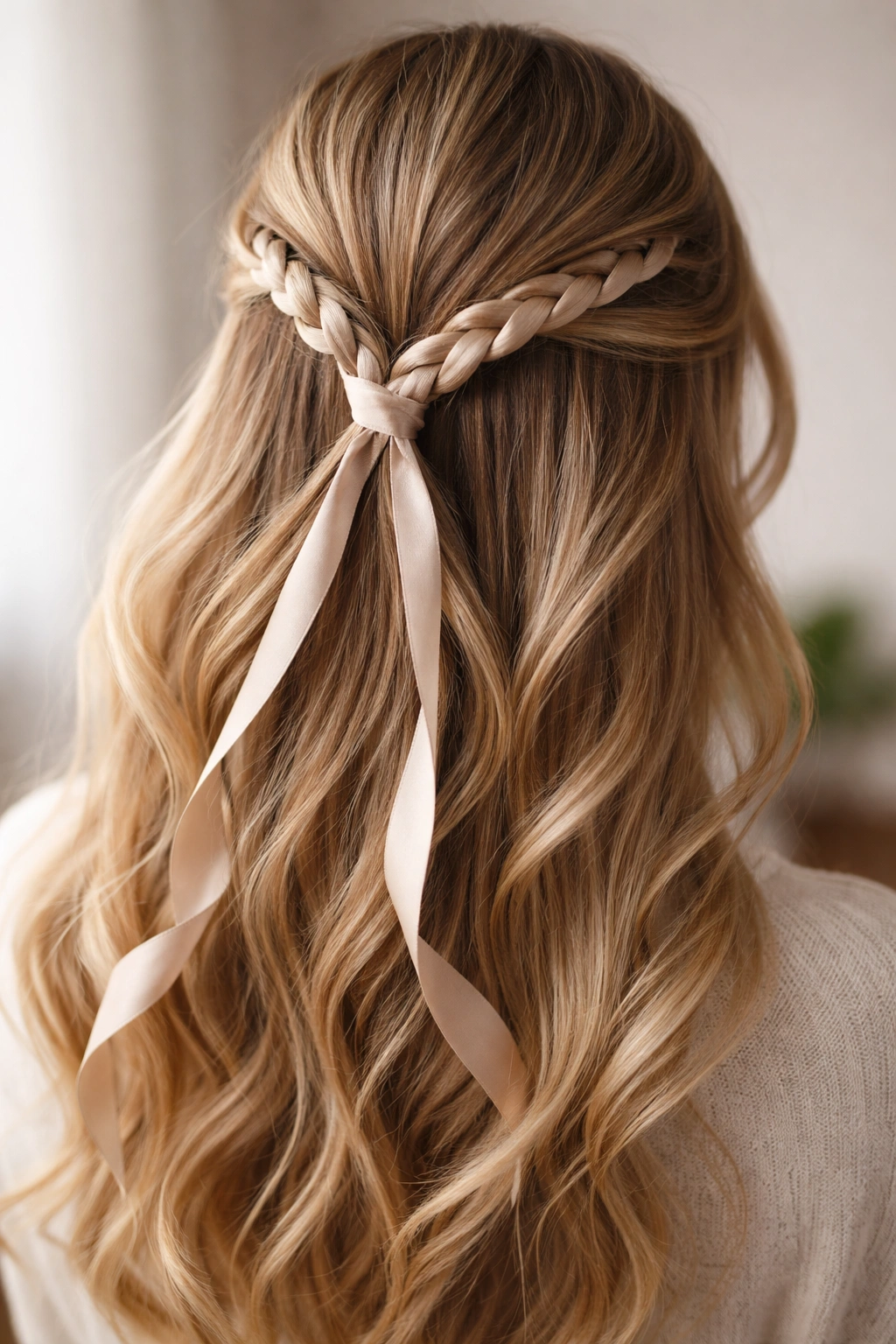Rope twist half-up hairstyle with ribbon accent