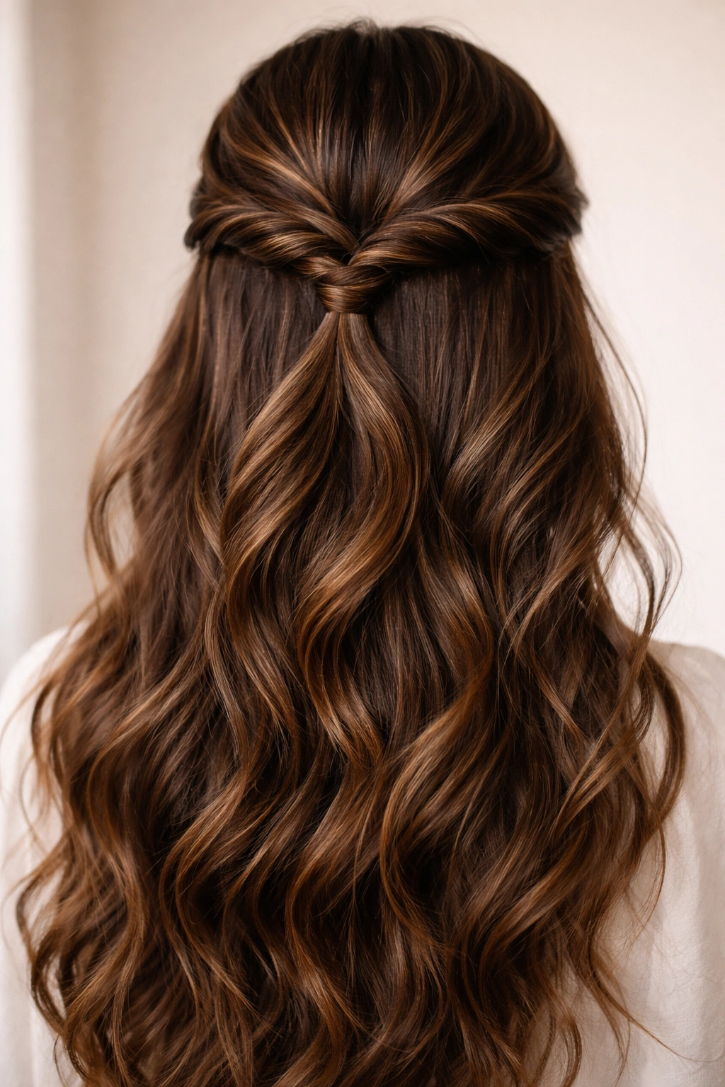Front view of two rope twists meeting at the crown in a half-up hairstyle