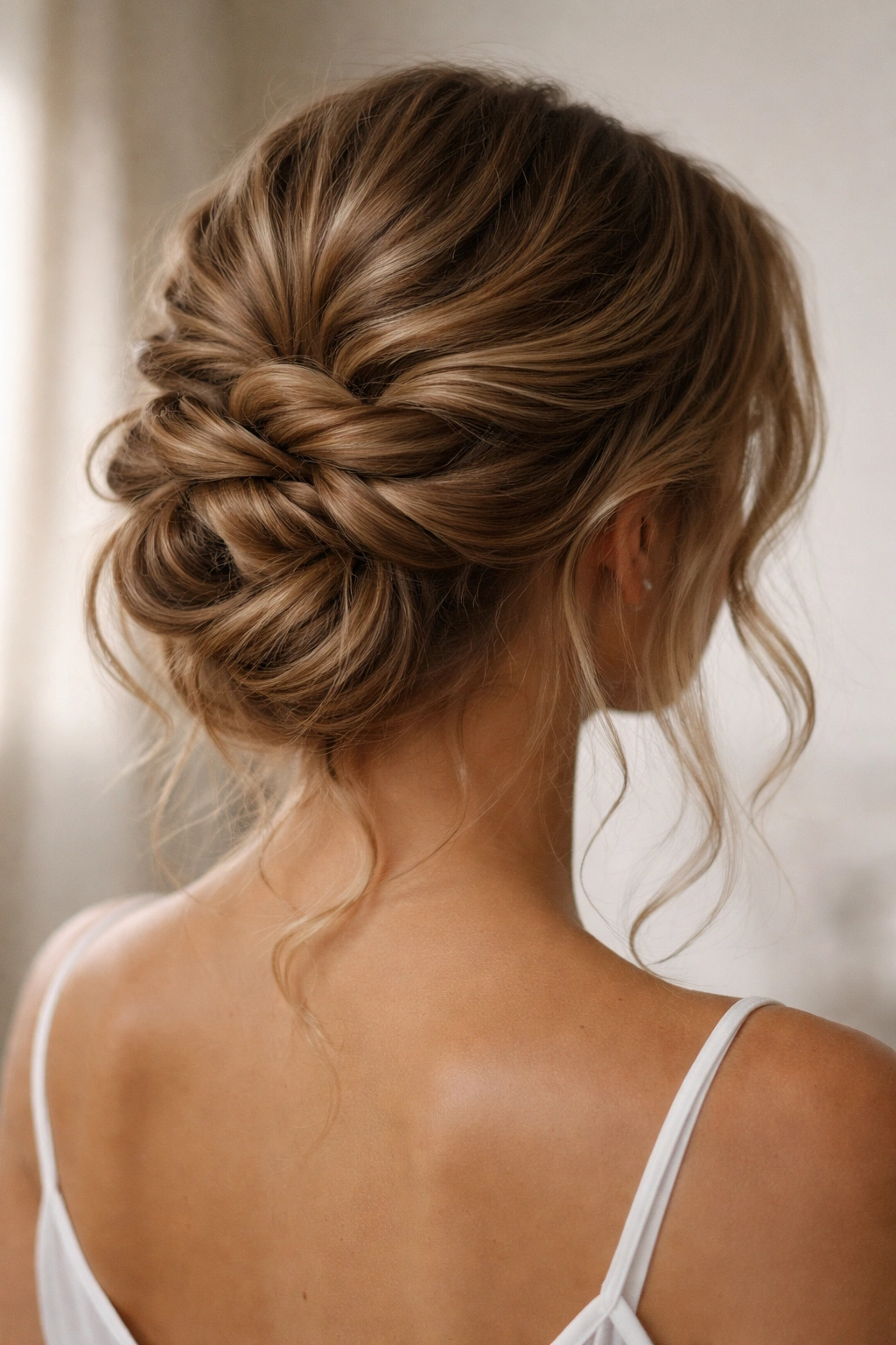 Back view of rope twist updo with layered volume on wavy hair