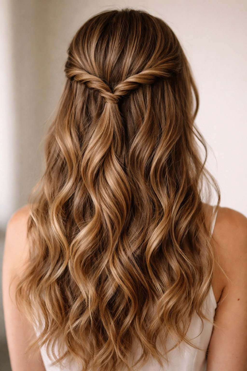 Close-up back view of two rope twists in long wavy hair