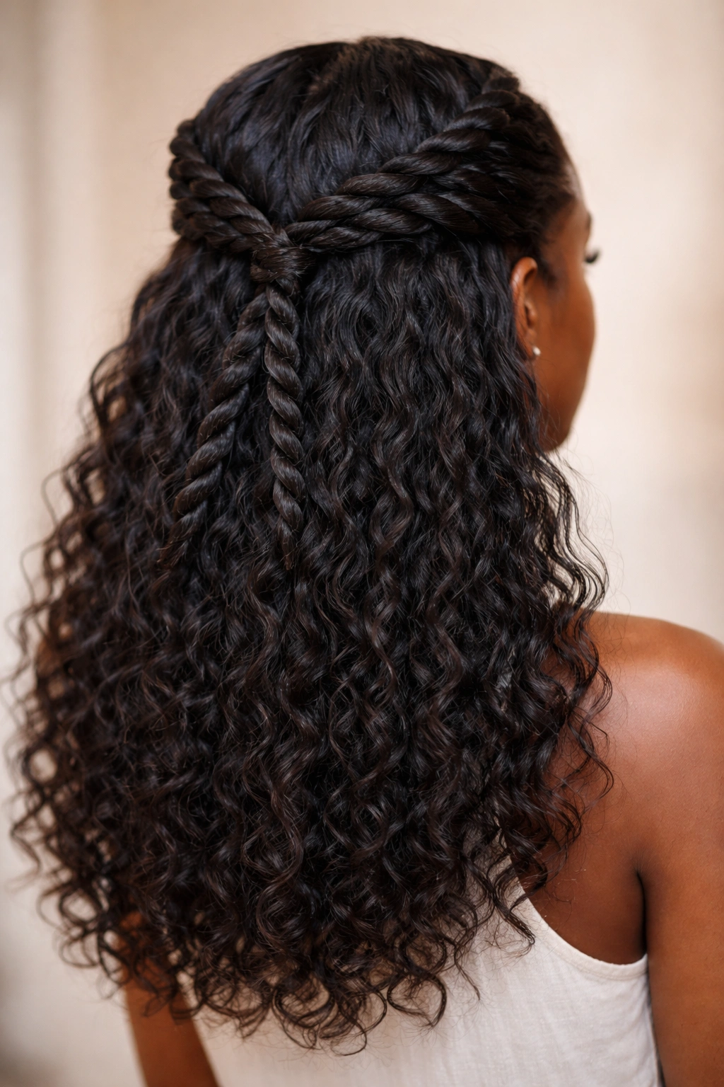 Rope twists around the crown forming a half-up style with hair down