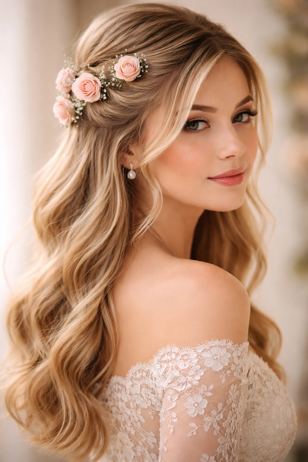 Half-up hairstyle with silk rose adornments